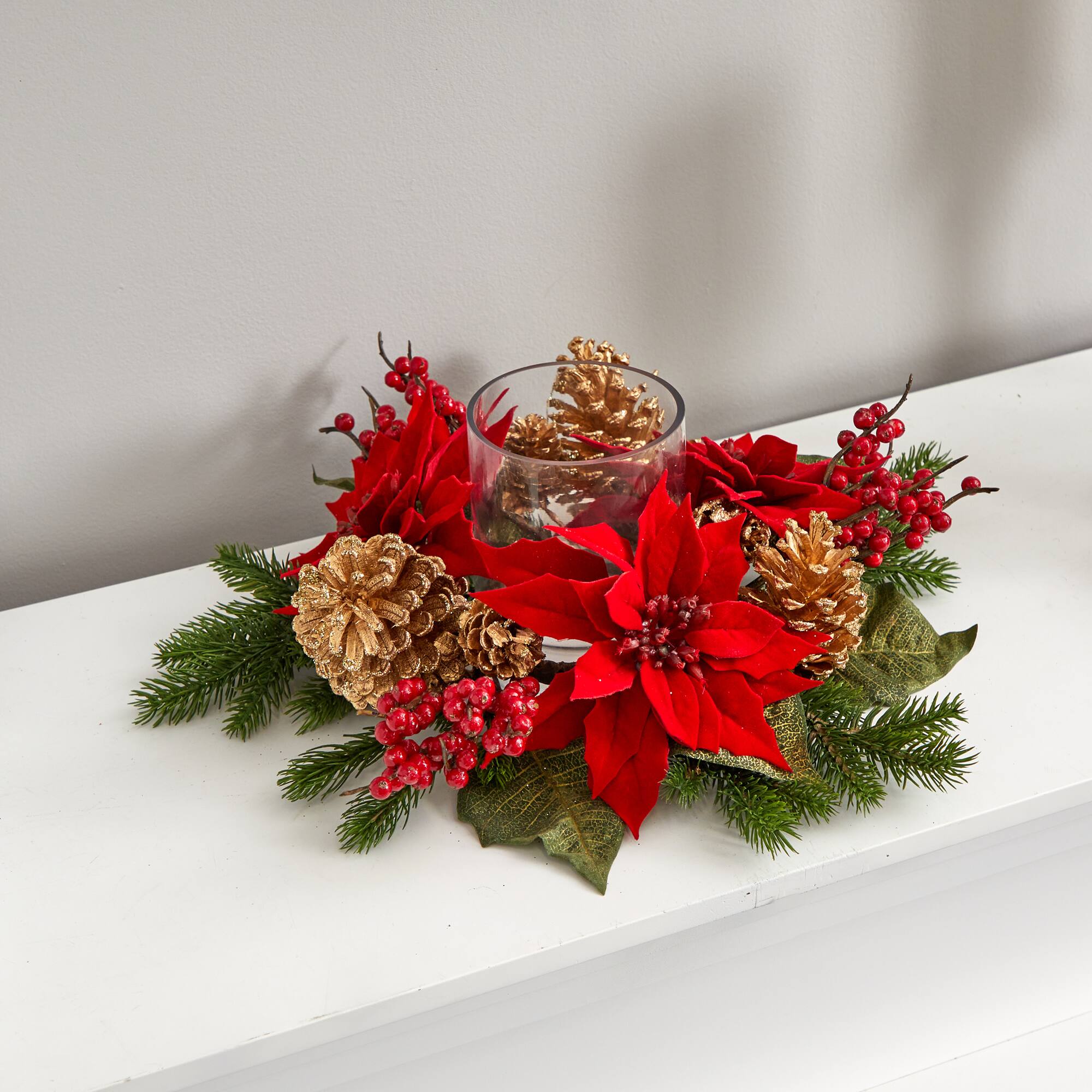 14" Poinsettia, Berry & Golden Pinecone Candelabrum Artificial Arrangement